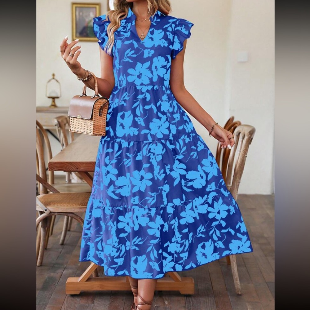 Boho floral print notched neck ruffle trim smock dress